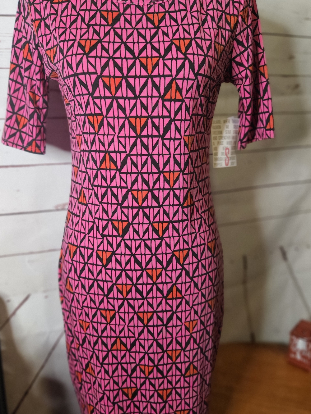 LuLaRoe Pink Geometric Asymmetrical Dress with Red Accents